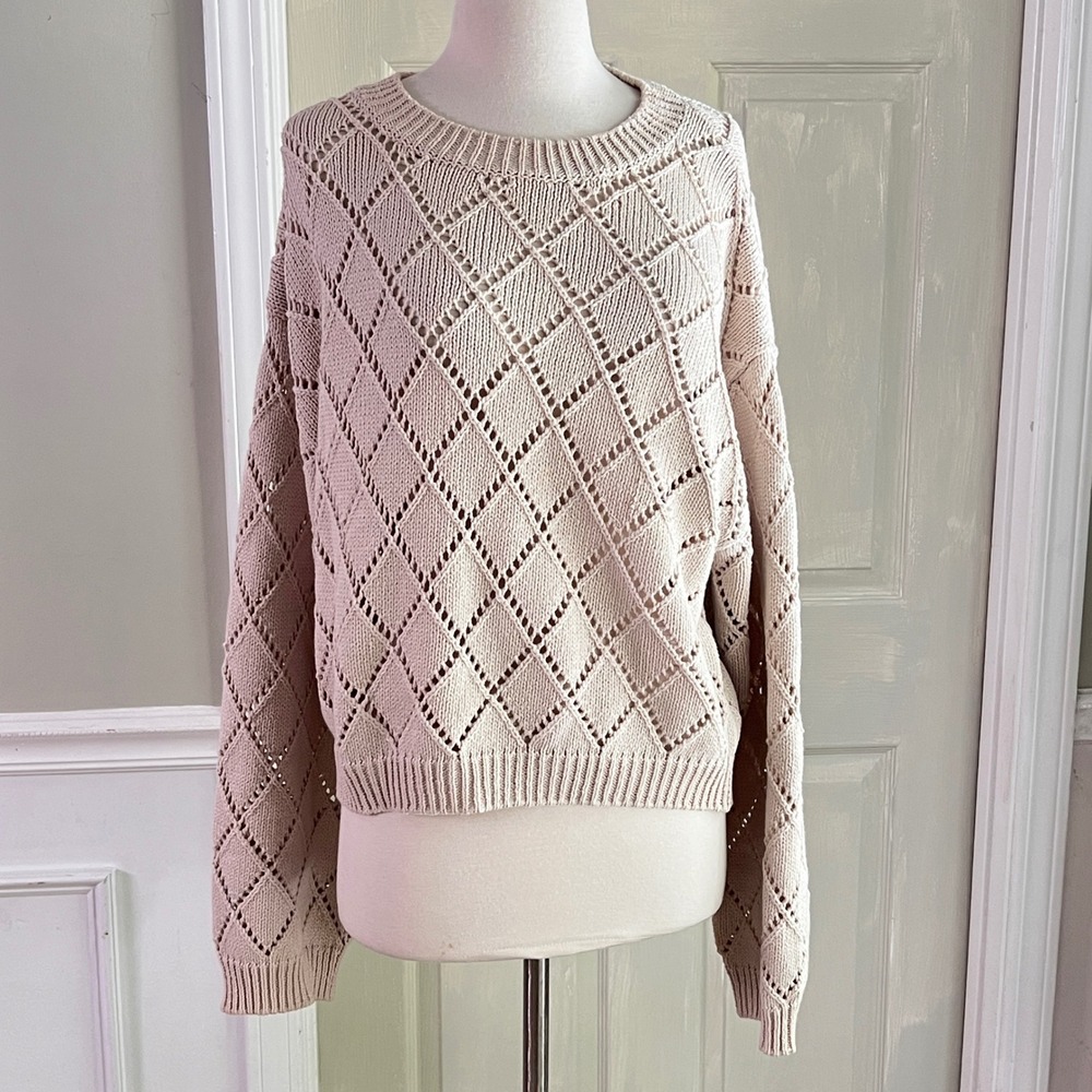 MNG Mango Pointelle Knit Sweater M Womens Diamond Open Weave Beige Cottagecore